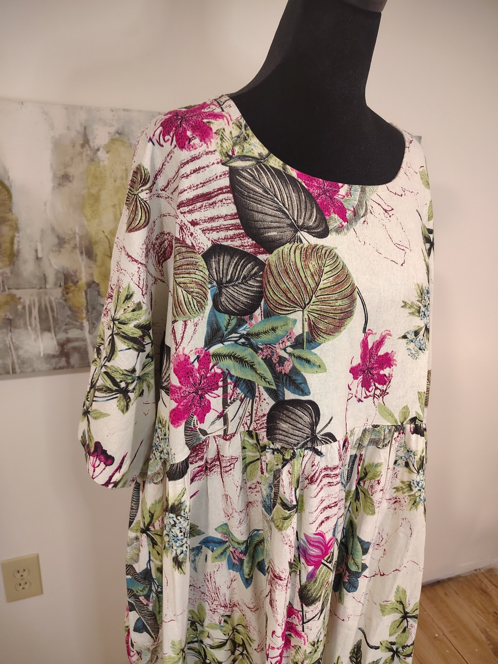 Tropical Linen Floral Maxi Dress in White and Pink 3x - Picture 2 of 12